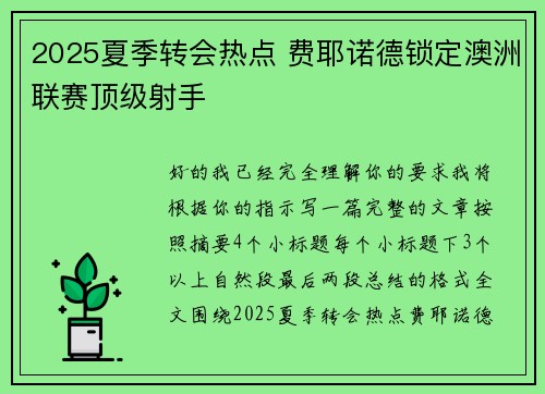 2025夏季转会热点 费耶诺德锁定澳洲联赛顶级射手 2025夏季转会热点 费耶诺德锁定澳洲联赛顶级射手