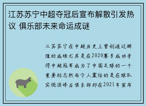 江苏苏宁中超夺冠后宣布解散引发热议 俱乐部未来命运成谜 江苏苏宁中超夺冠后宣布解散引发热议 俱乐部未来命运成谜